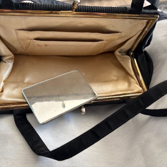 VINTAGE 1950s Black Pleated Evening Clutch w Gold Satin & Mirror - Picture 2 of 7